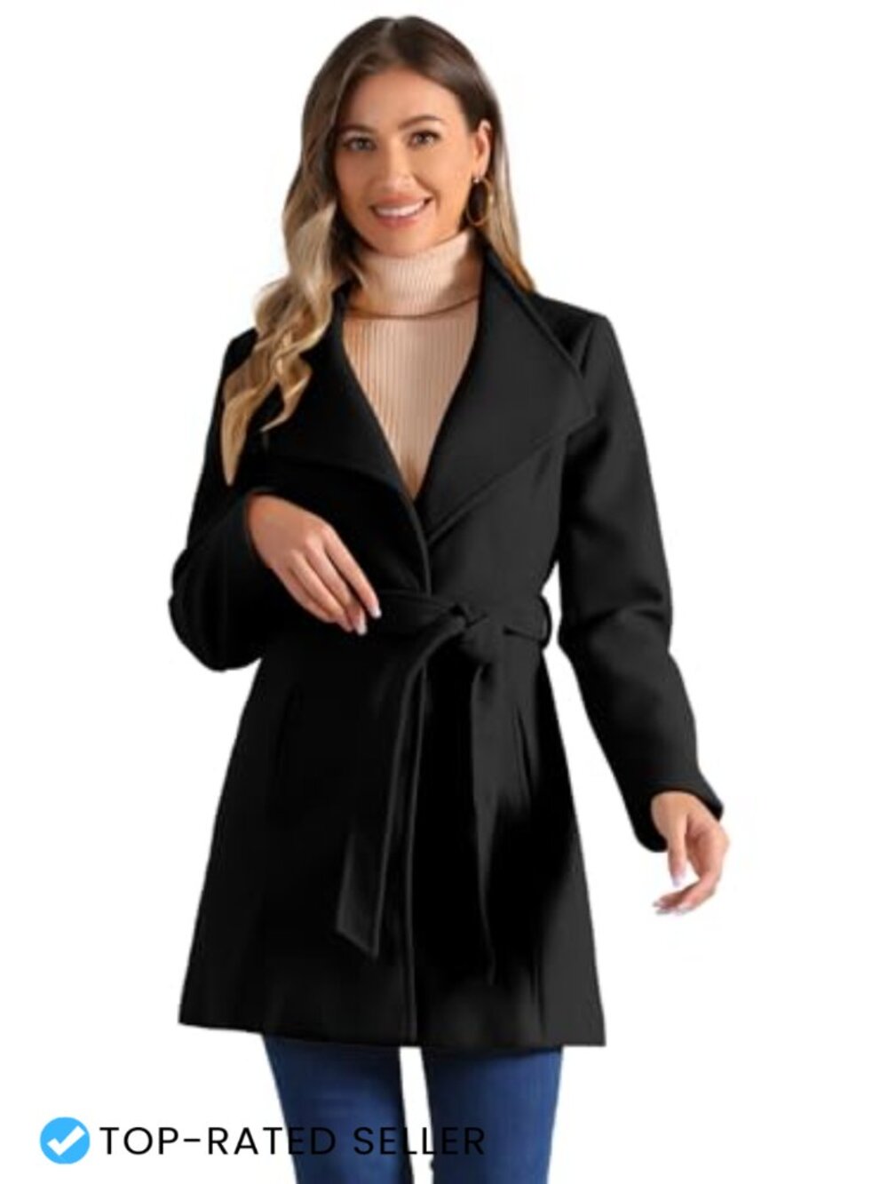 Allegra K Women's Winter Long Belted Pea Coat Stand Collar Overcoat